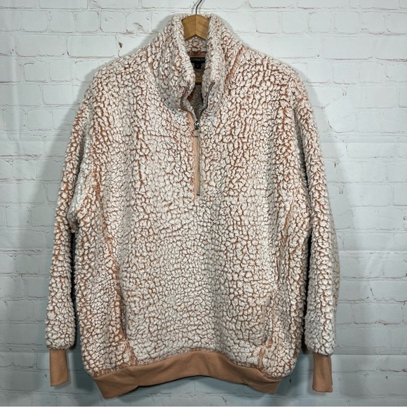 Express Sherpa Sweatshirt Womens Medium Tan Fluffy Fuzzy Oversized Quarter Zip - Picture 1 of 13